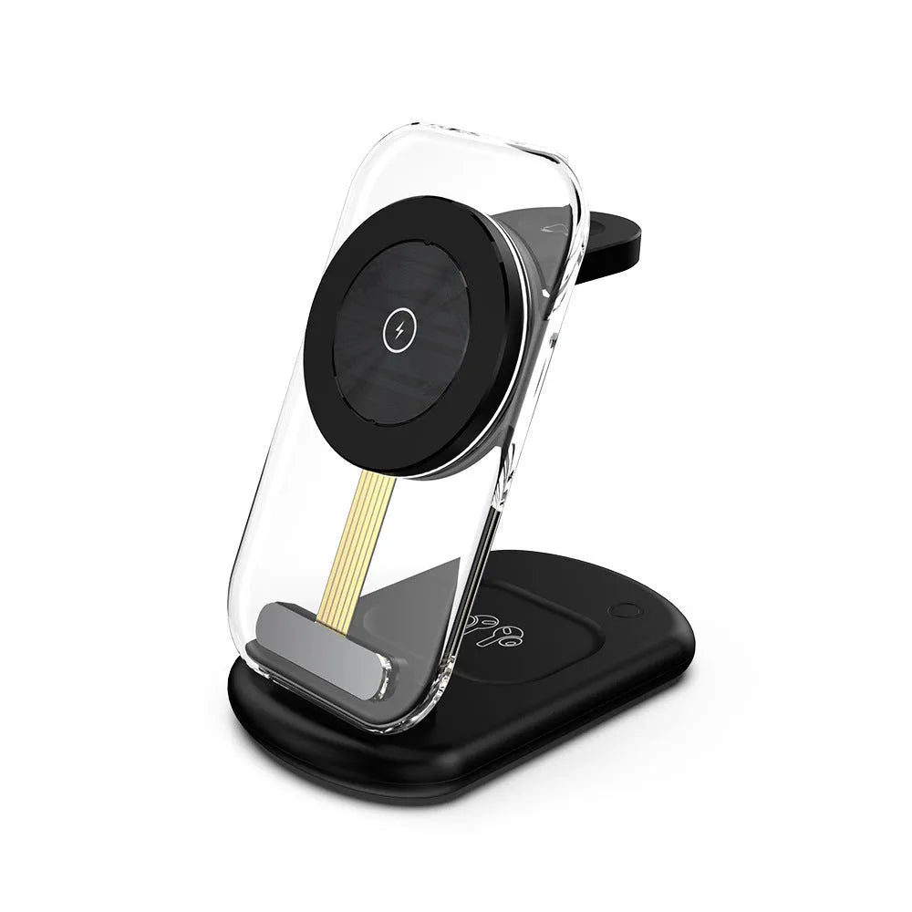 Transparent folding wireless charger with magnetic alignment charging three devices