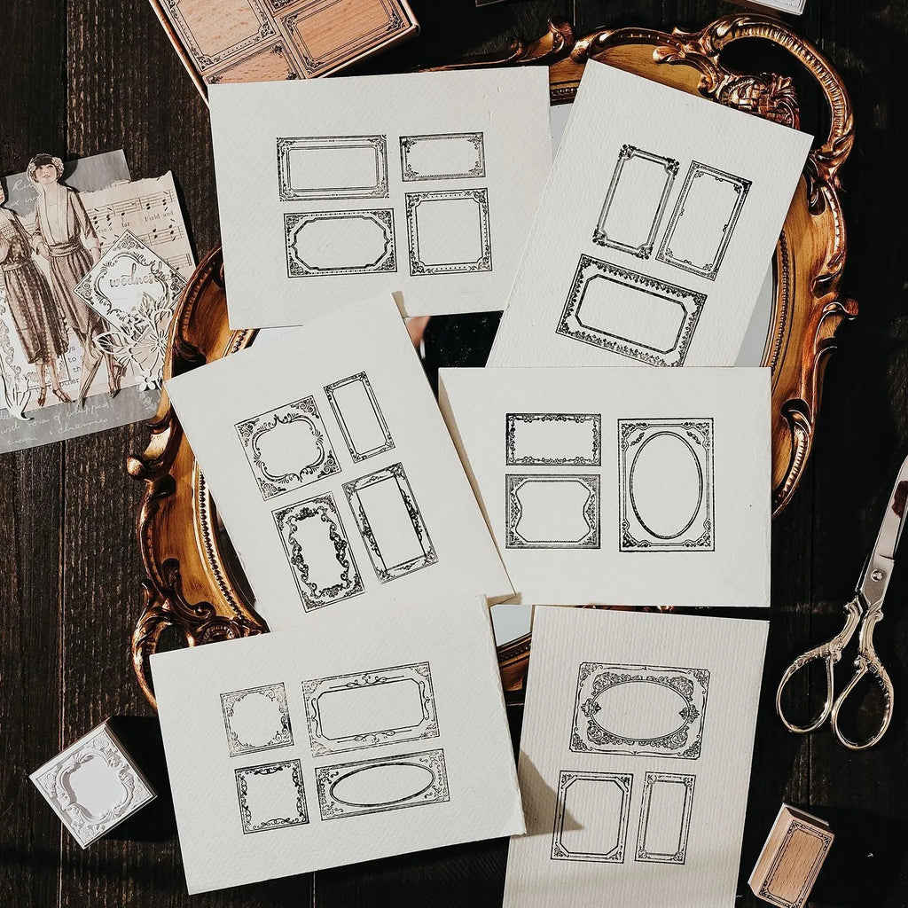 Printed wooden square seals with Baroque Fantasia notebook paintings in six styles, 3-4 pieces per style plus a seal