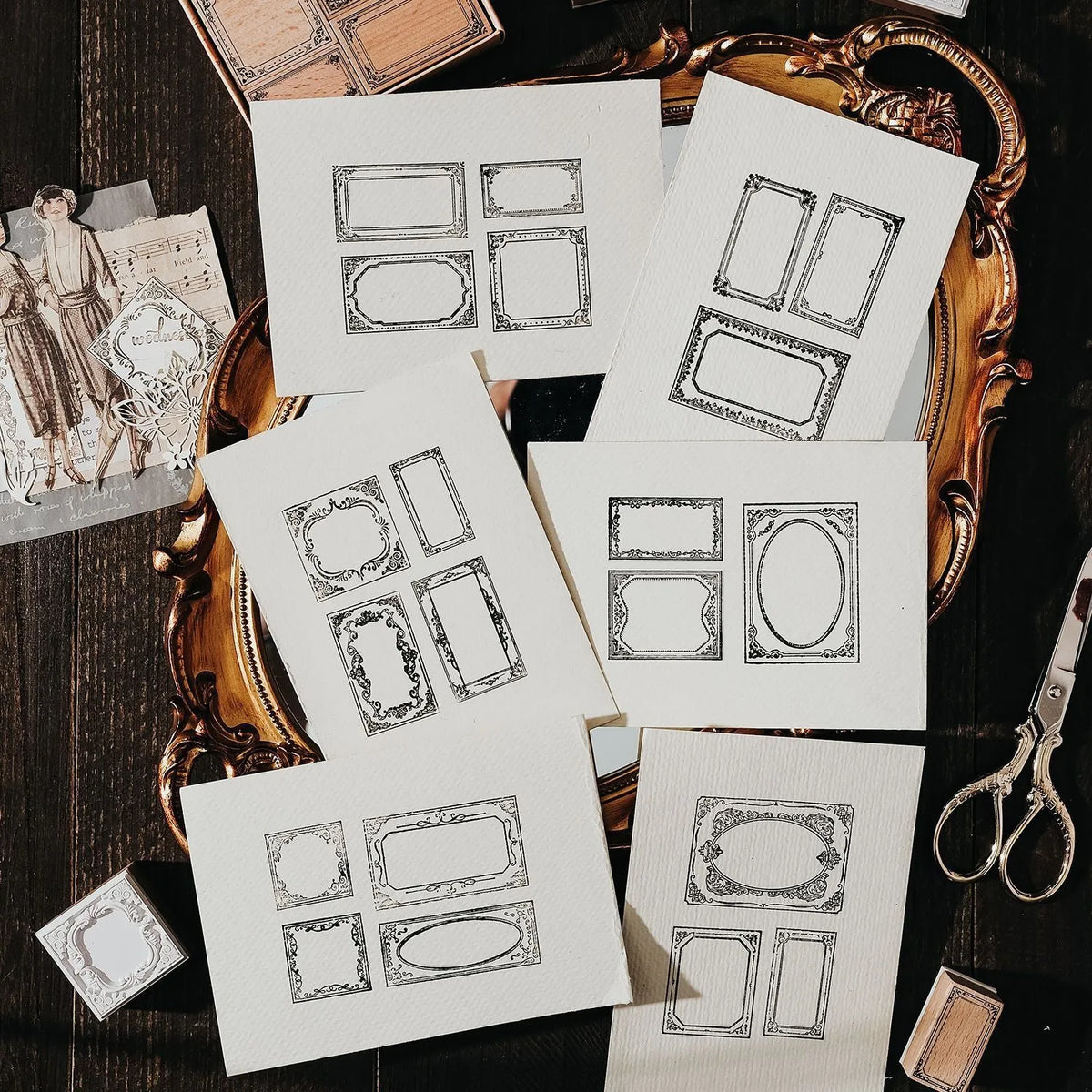 Printed wooden square seals with Baroque Fantasia notebook paintings in six styles, 3-4 pieces per style plus a seal