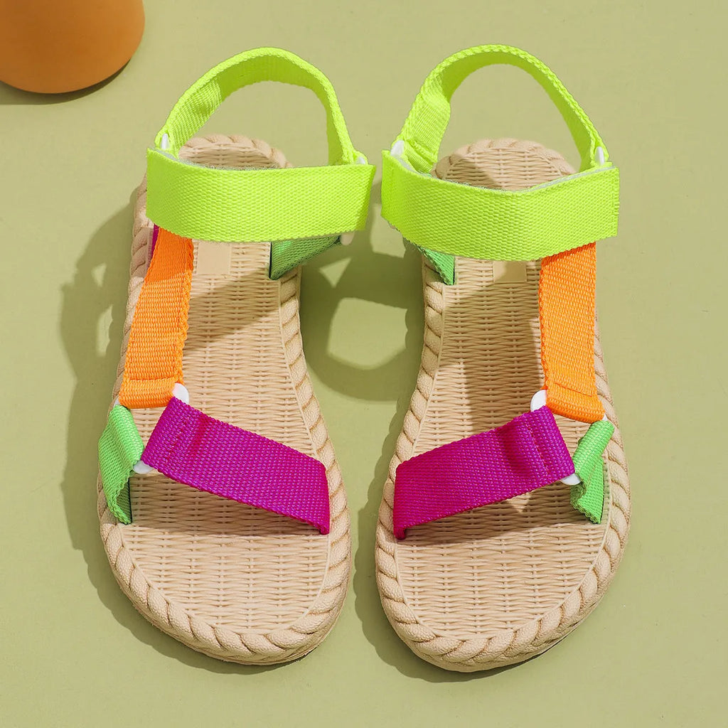 Women's flat sandals with cloth upper, leather stitching, non-slip sole, round toe, sizes 36-41