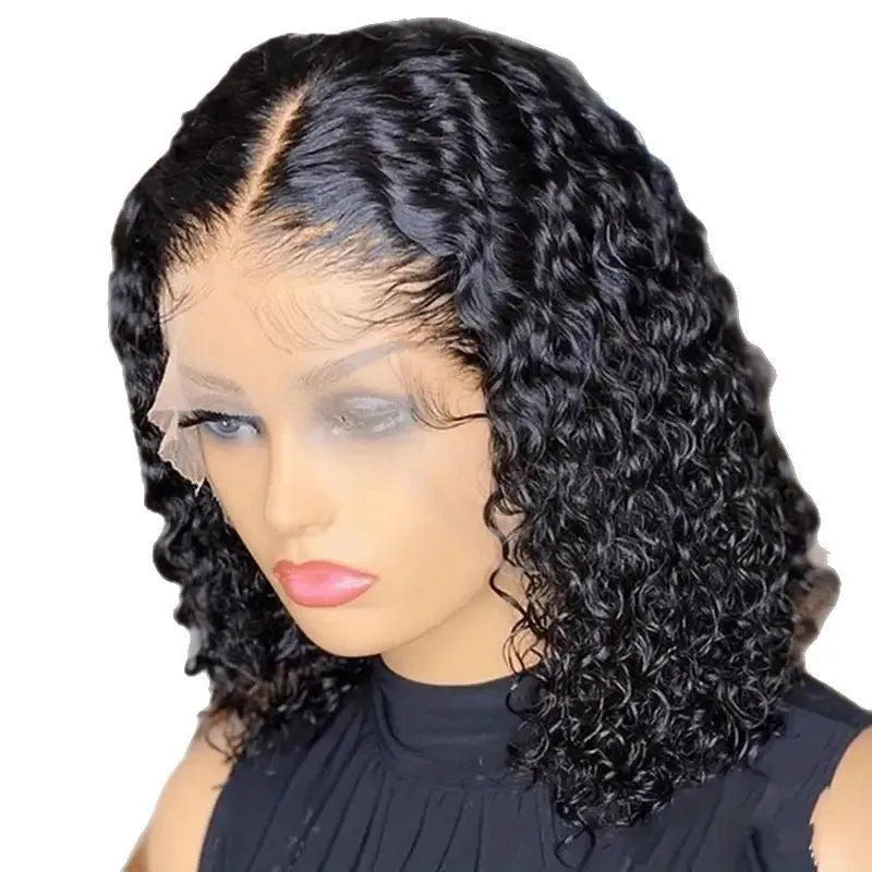 Black short curly afro wig with small volume corn curler texture, full-head synthetic style, 10-30 inches