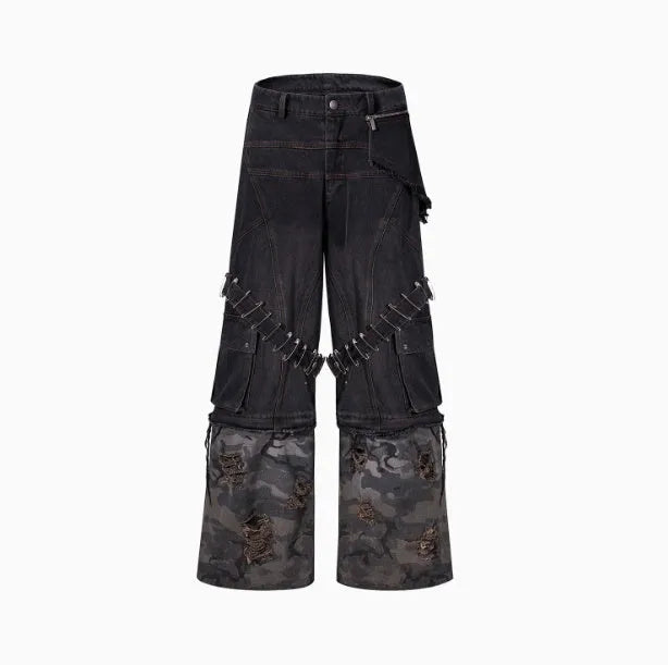 Men's grey jeans with camouflage pattern splicing and pin ribbon details on the legs.