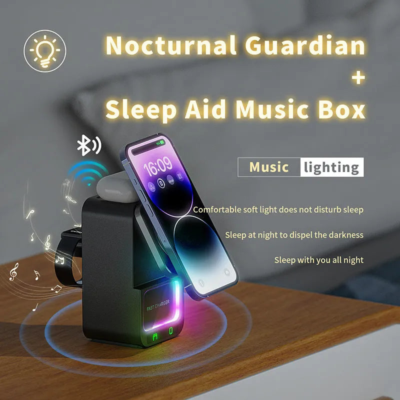 White and black 5-in-1 Bluetooth speaker wireless charger with digital clock display.