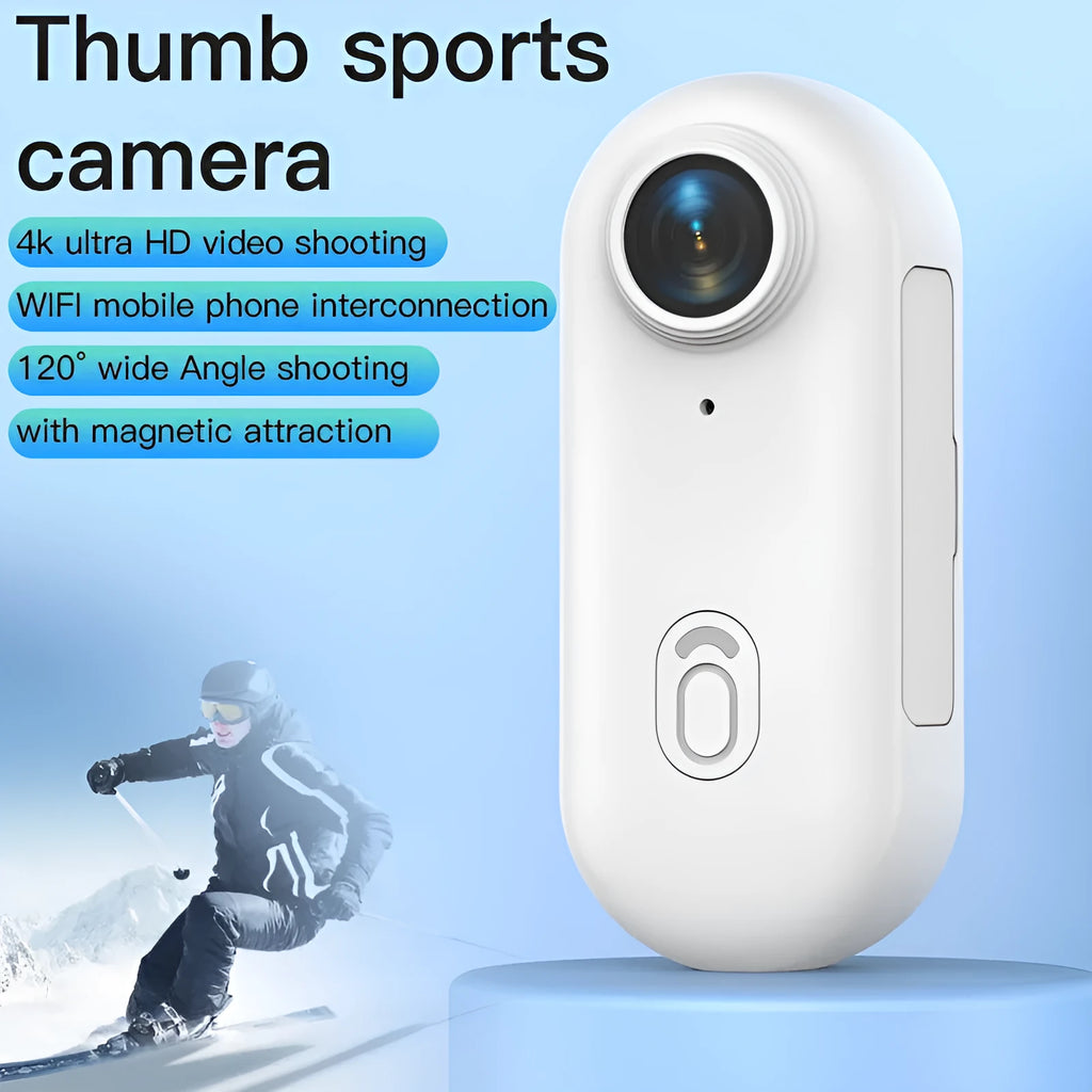 Small black 4K action camera with magnetic mount attached to a bicycle helmet.