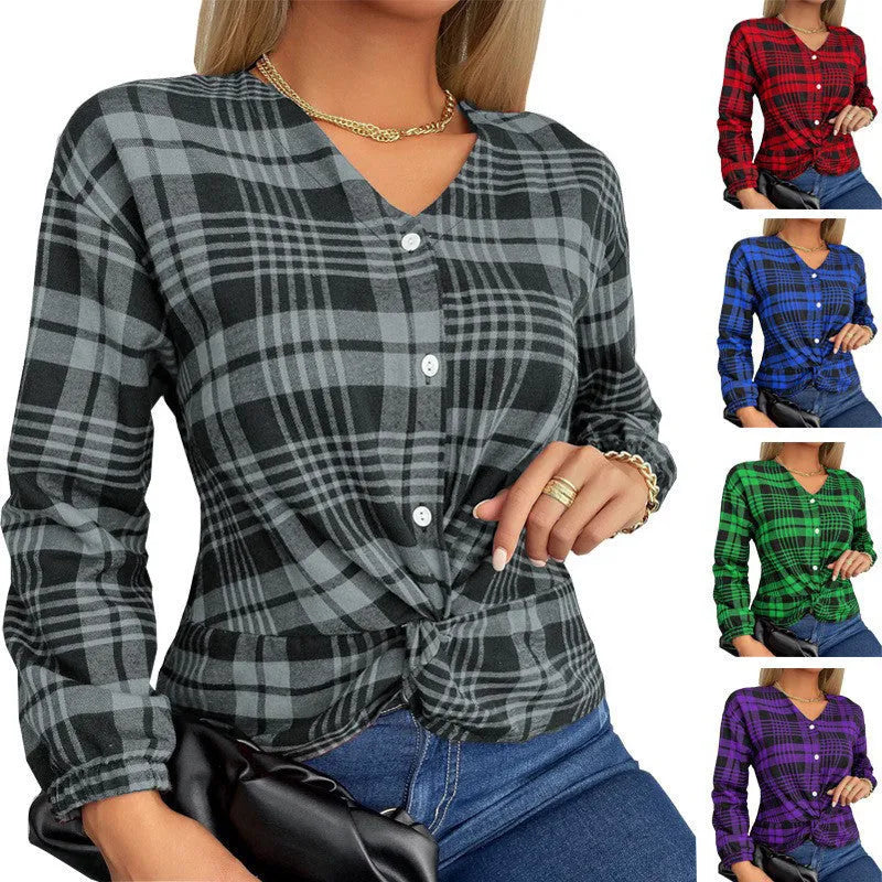 Women's plaid casual loose shirt in purple, gray, or red with regular sleeves and polyester fabric