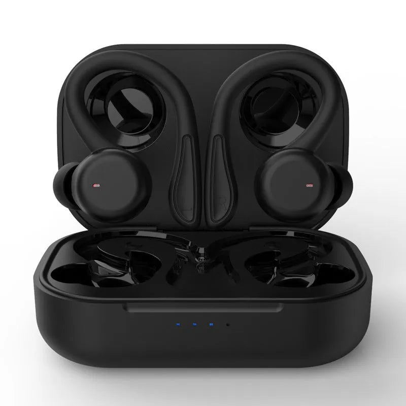 Noise-cancelling hanging ear true wireless sports headphones with removable ear hooks in multiple colour options