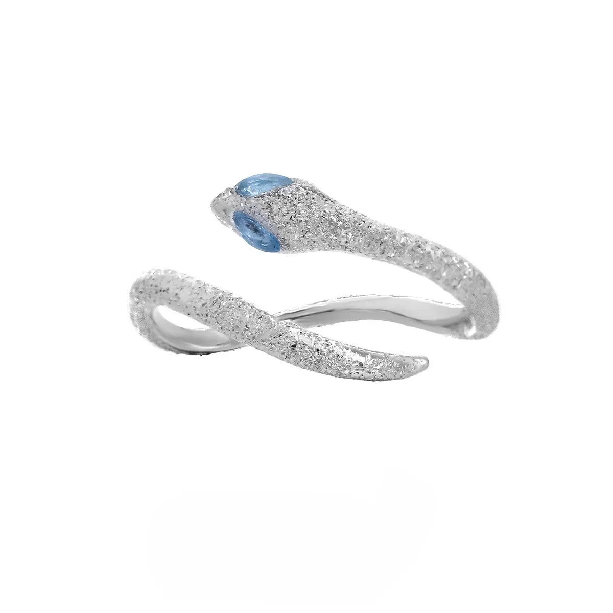 Adjustable silver snake ring with electroplated platinum colour finish and detailed scale texture