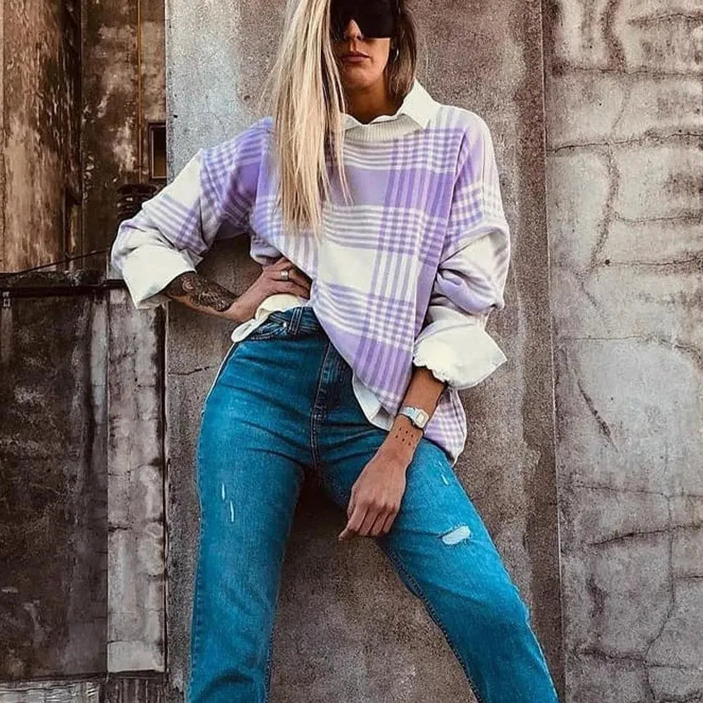 Lilac plaid print loose sweater with ribbed trim and long sleeves, shown in a relaxed fit.