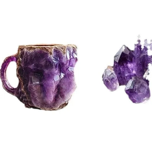 Resin mineral crystal coffee mug with 400ml capacity and 3D crystal structure in purple colour