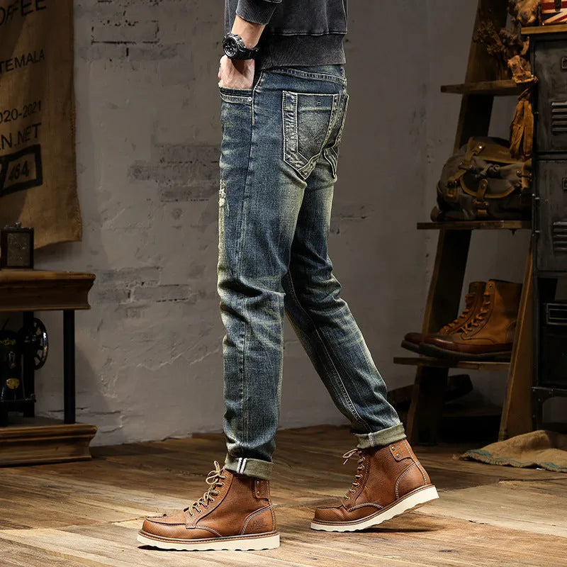 Men's retro colour stretch denim jeans with zip fly, shown in a slim pencil style for casual wear