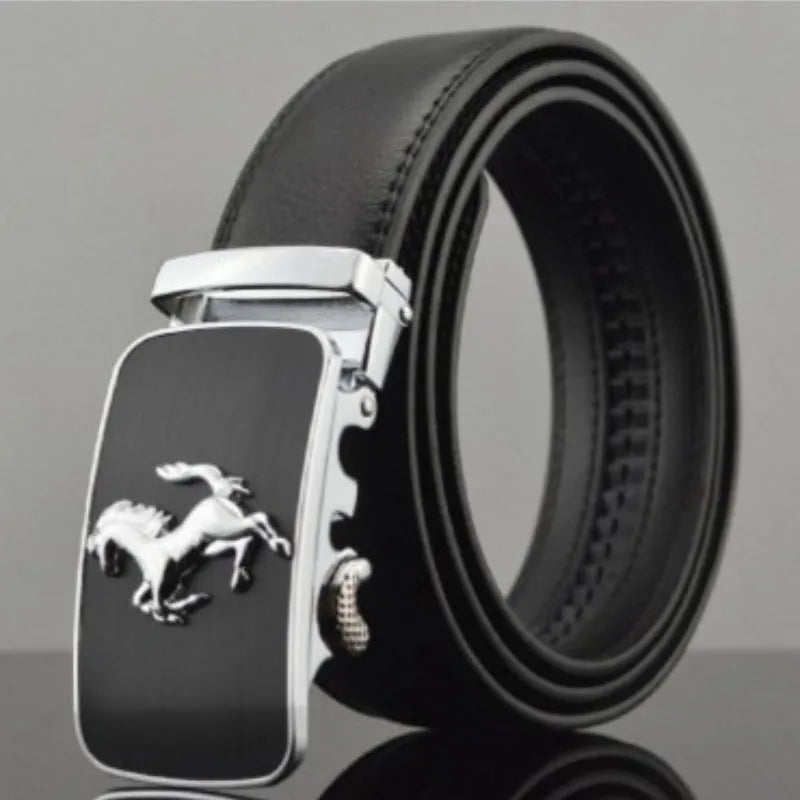 Men's automatic buckle leather belt showing 3.5cm width and first-layer cowhide material with adjustable length