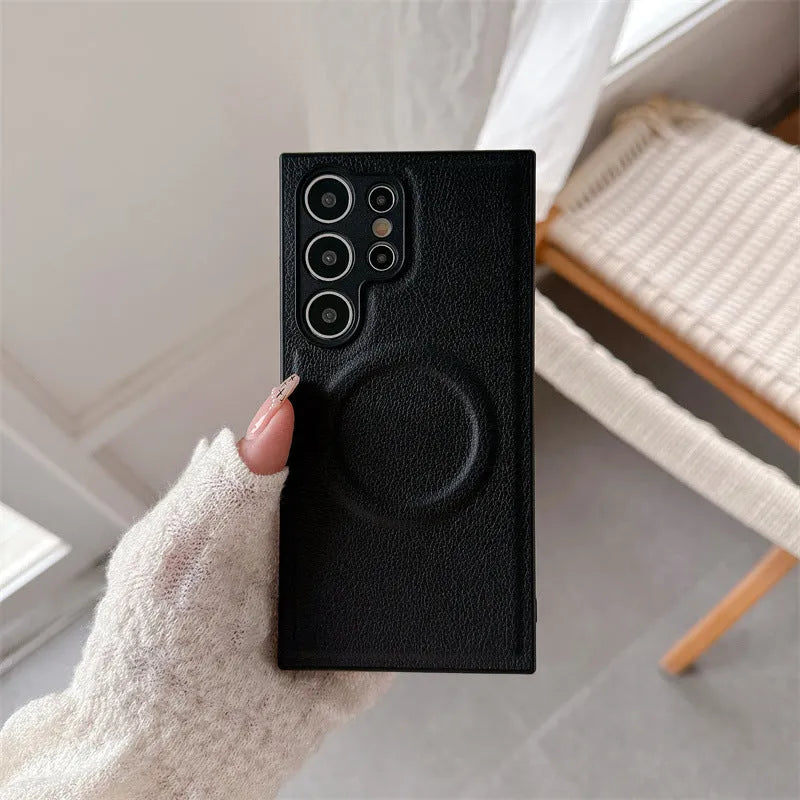 Samsung magnetic phone case in plain leather TPU with embossed craft, black colour, drop-resistant cover