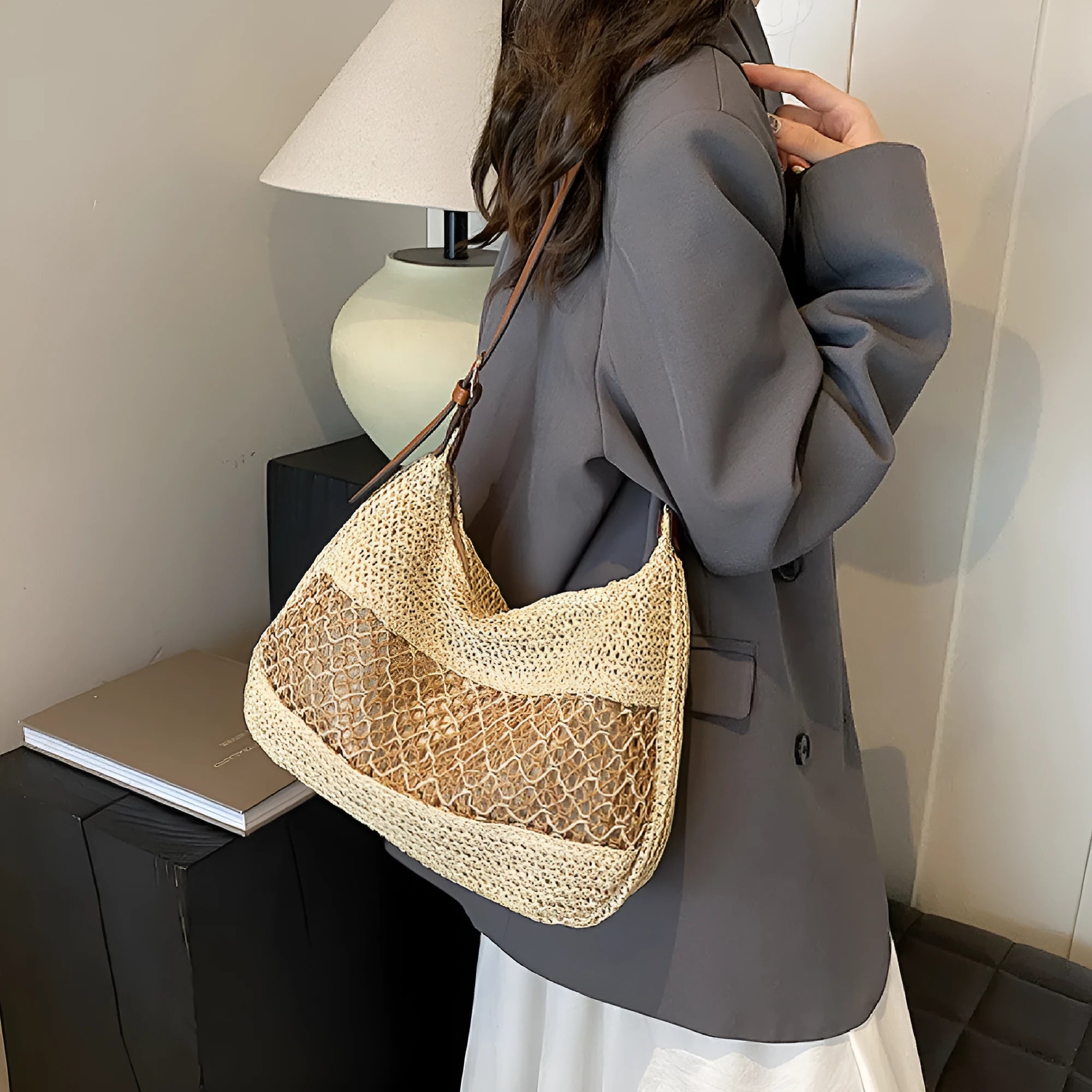 Women's casual straw cross body bag in khaki colour with a sandwich pocket and horizontal square shape.