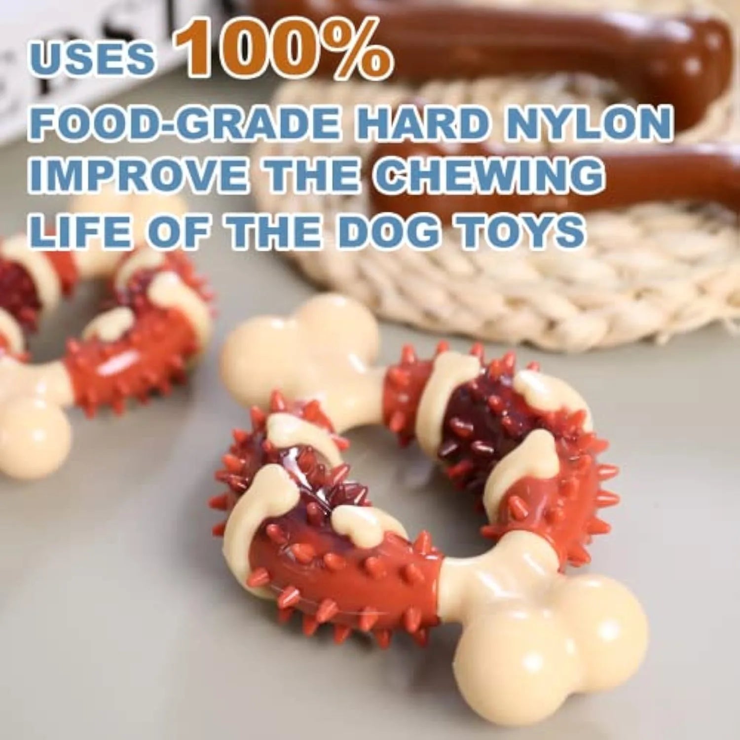 Bone-shaped natural rubber dog toy for teeth grinding in two sizes, 15cm and 12.5cm, on a white background