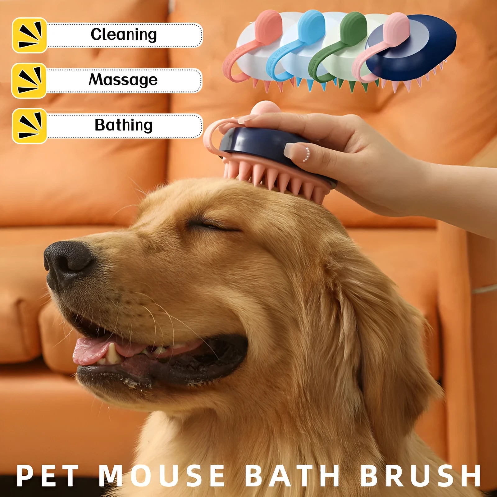 Soft silicone pet hair remover and massage brush for dogs in blue, held in hand.