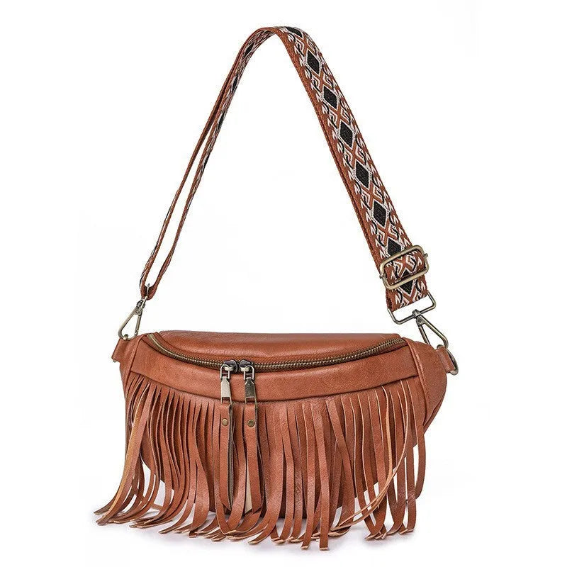 Retro style messenger bag with tassel decoration and pleated design in medium-soft PU material