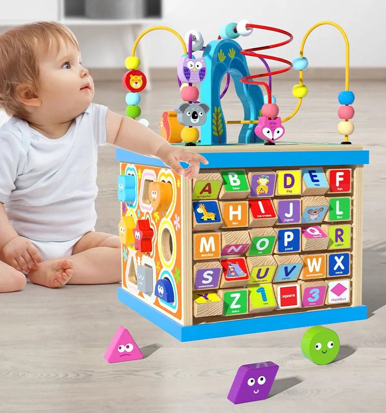 Blue wooden bead treasure box toy with multi-functional scenes for baby and toddler play