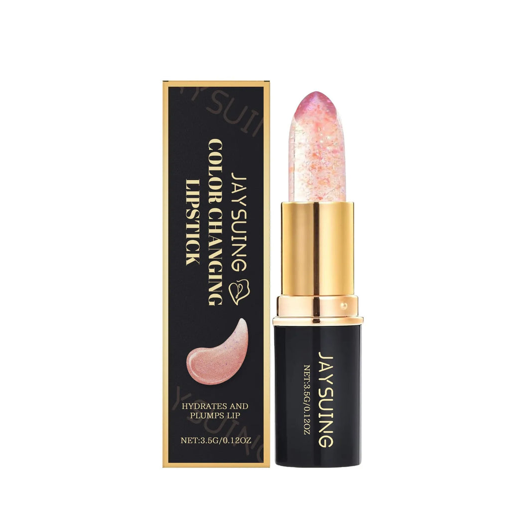 Pale green colour changing lipstick bullet that moisturises and turns pink on the lips.