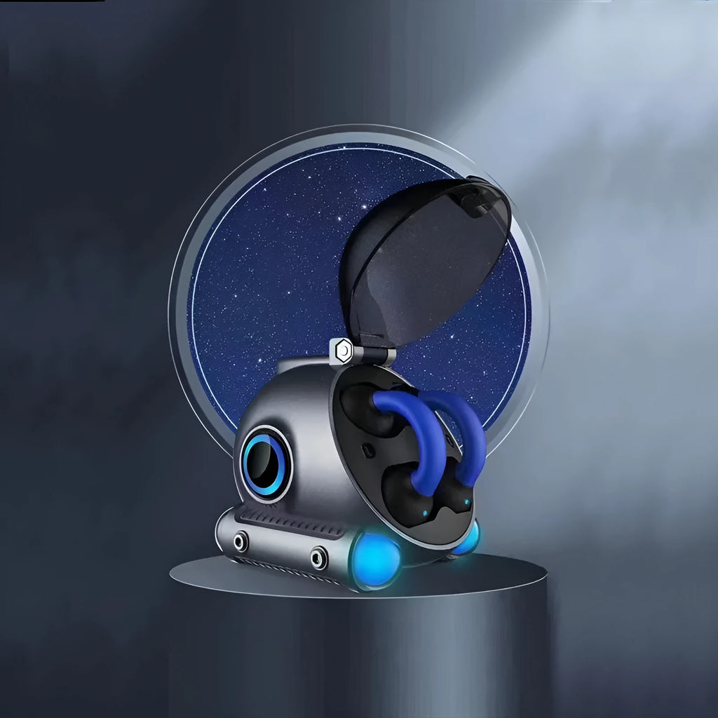 Black and white clip-type wireless Bluetooth sports headset showing compact design