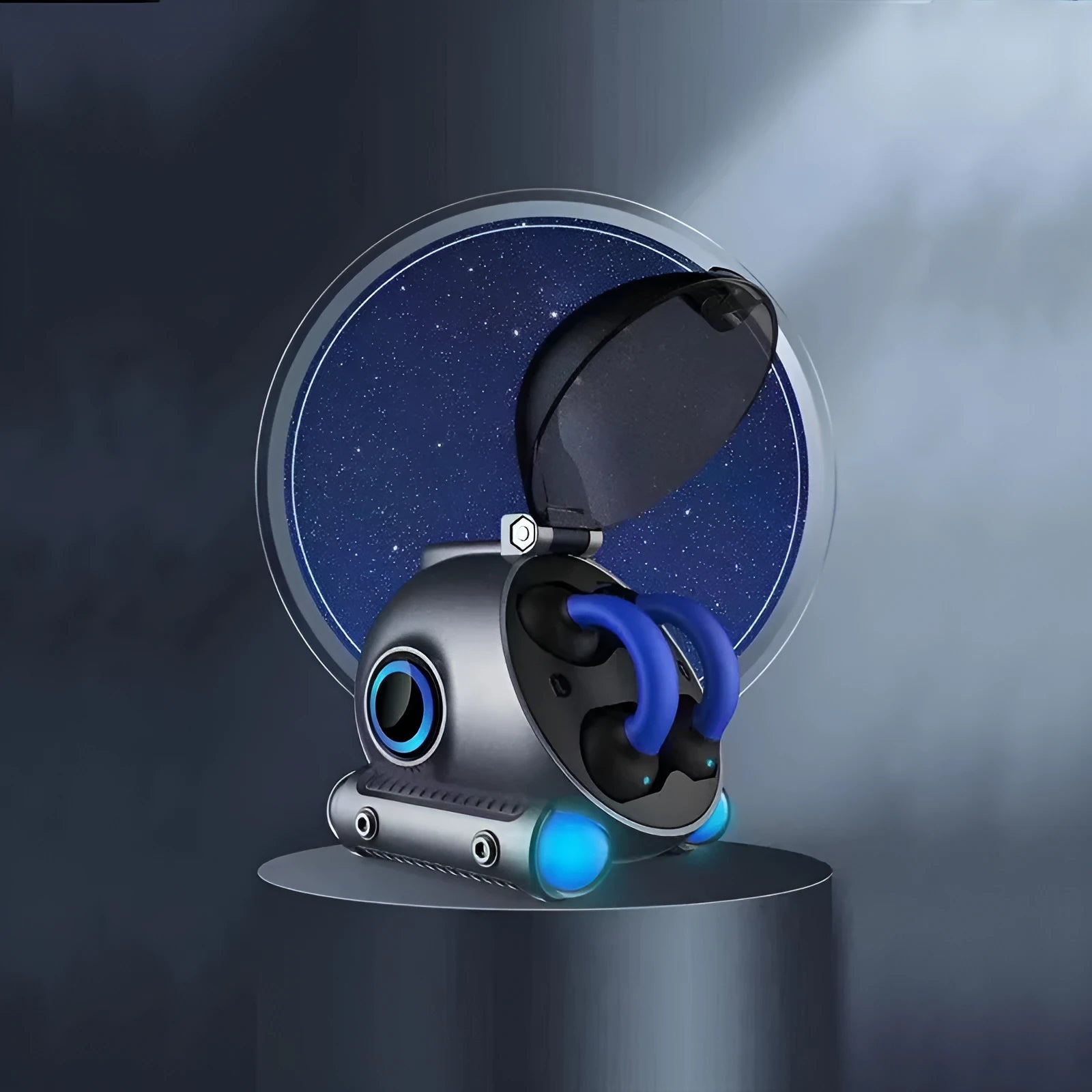 Black and white clip-type wireless Bluetooth sports headset showing compact design