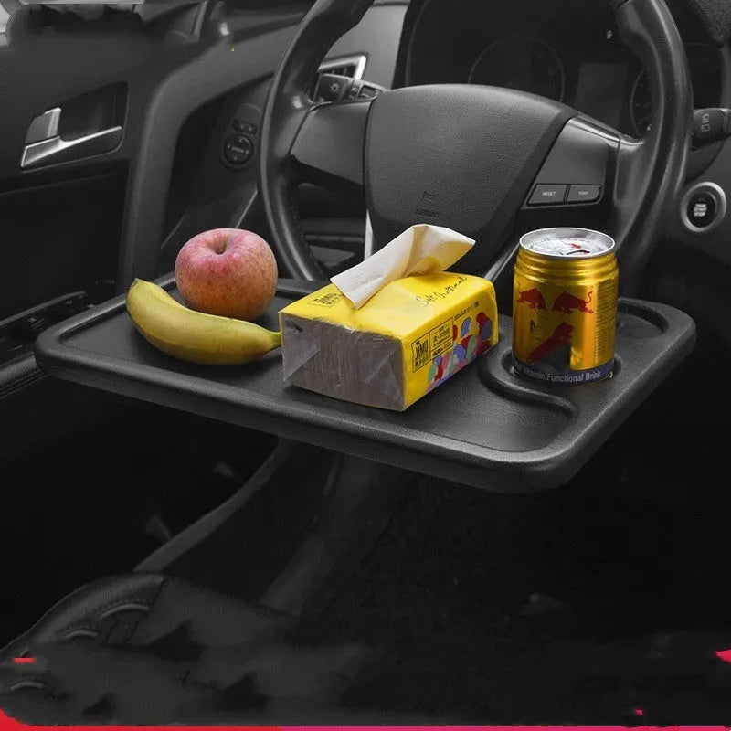 Black foldable plastic car desk measuring 42 by 28 centimetres, shown as a multifunctional vehicle tray