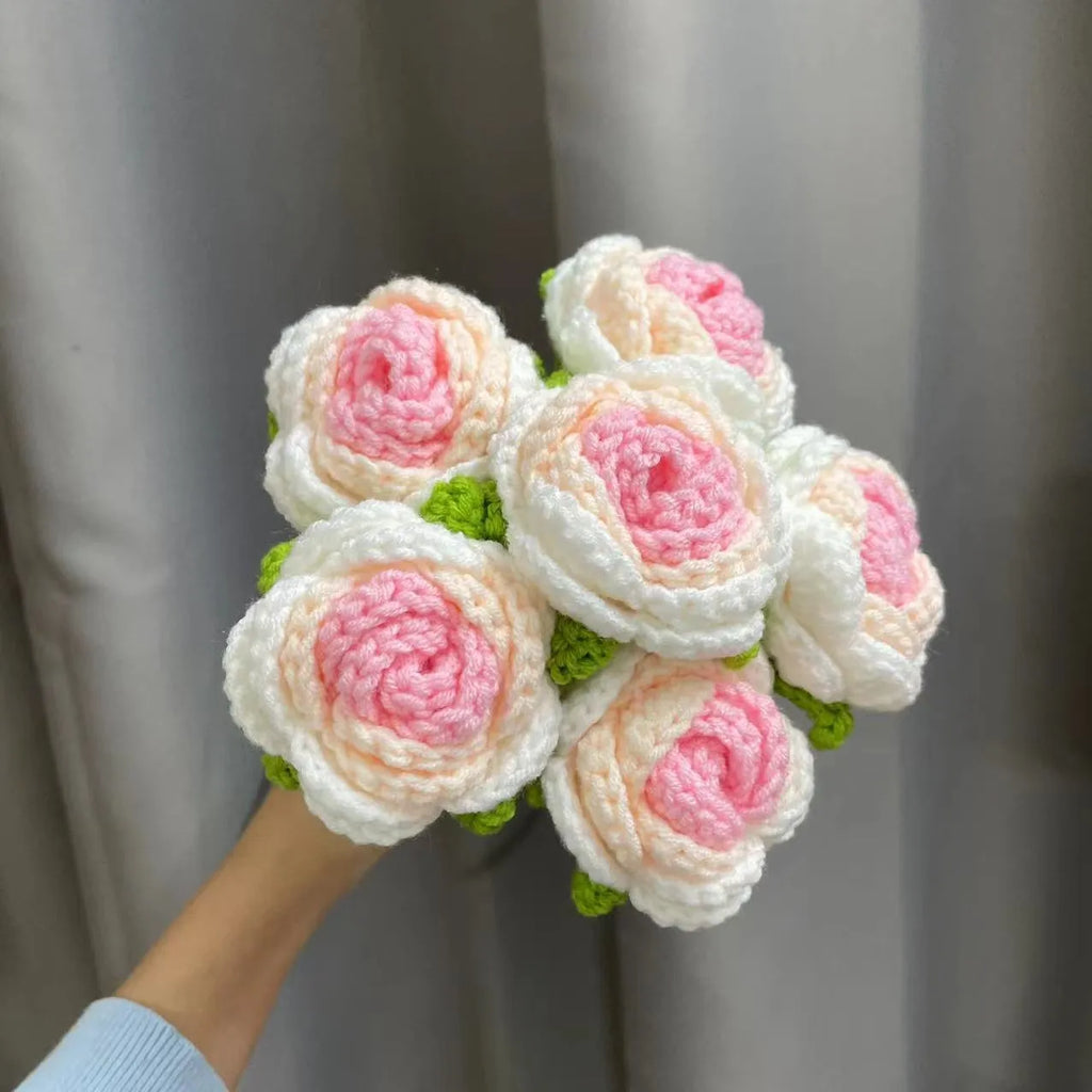 Artificial silk rose bouquet with blue gradient wool-weave petals on a single stem.
