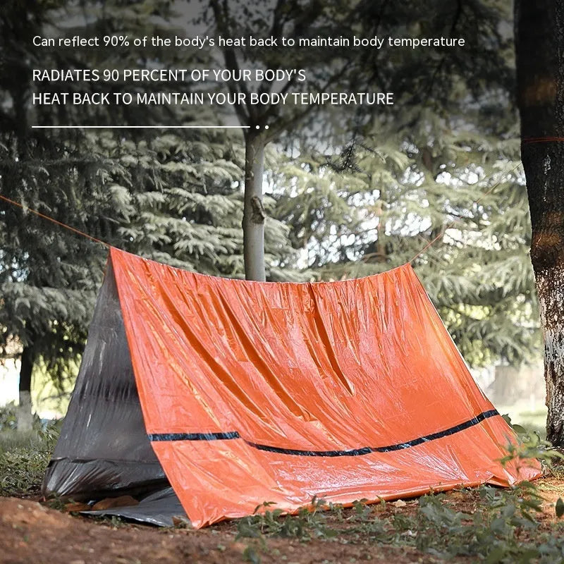 Portable outdoor disaster relief tent in orange or green with emergency blanket and whistle for camping