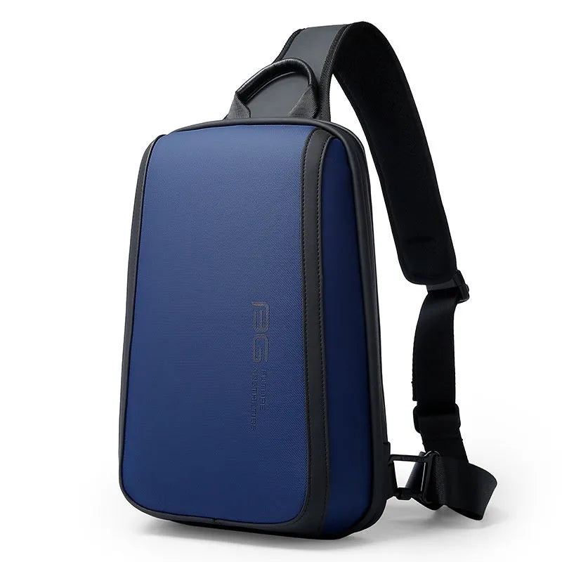 Blue men's chest bag with double connector shoulder straps showing 33x21x10cm dimensions and Oxford cloth material