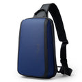 Blue men's chest bag with double connector shoulder straps showing 33x21x10cm dimensions and Oxford cloth material