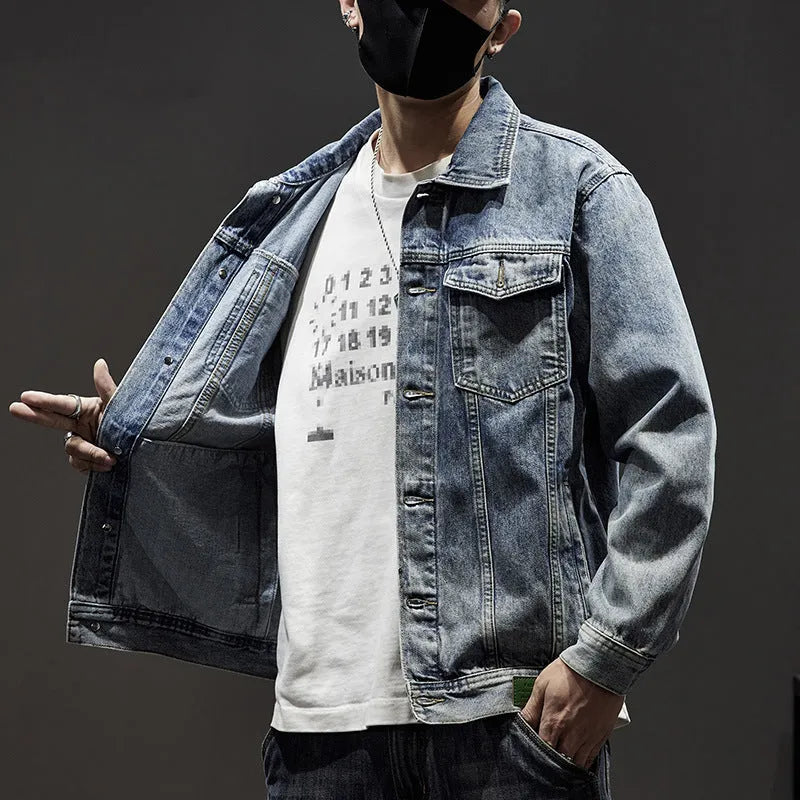 Men's heavy industry retro denim jacket in cotton, solid colour, sizes L to 7XL, dark blue and black options