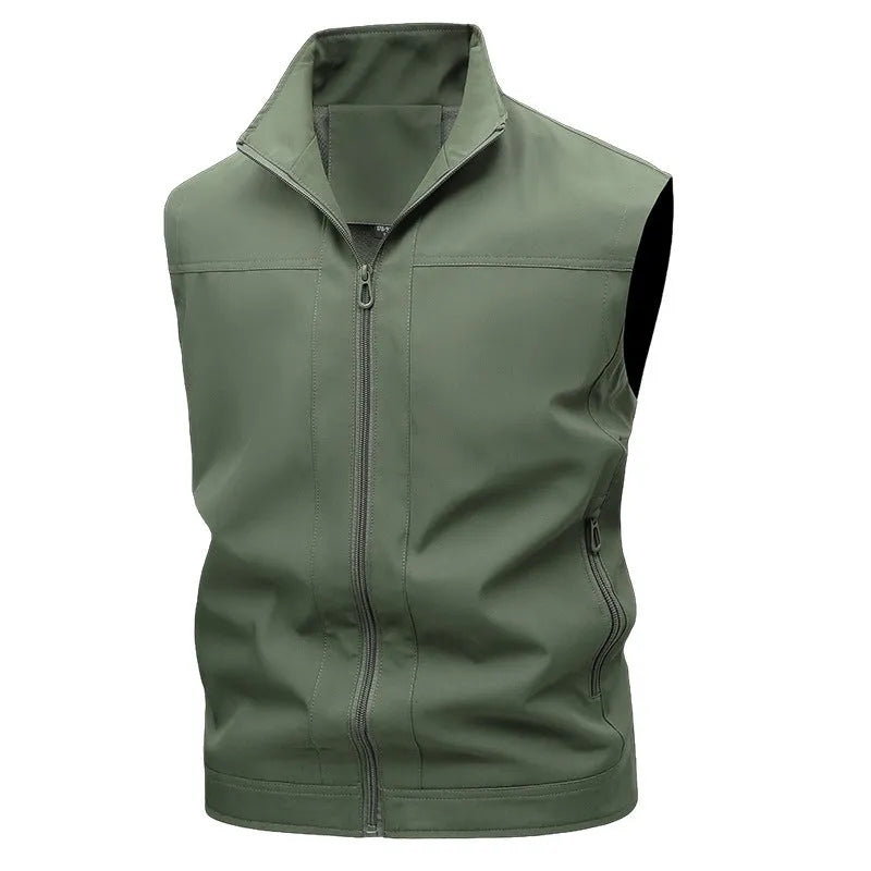 Men's loose-fit stand-up collar workwear shirt in khaki colour showing quick-drying fabric texture