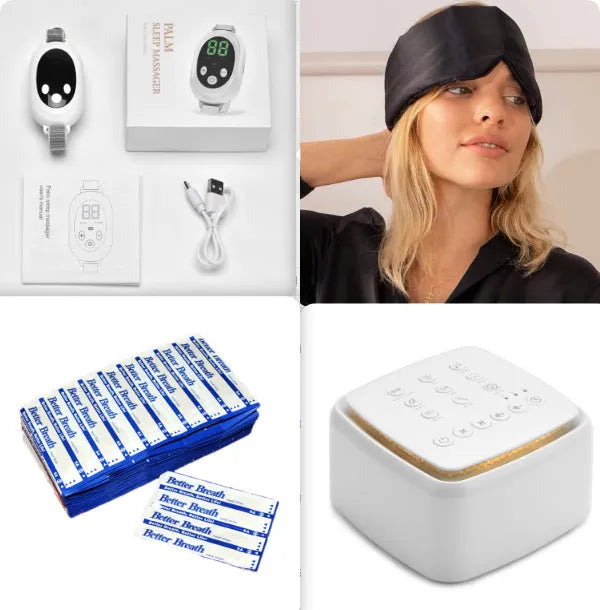 White handheld sleep aid remote control device with USB charging port and adjustable intensity settings
