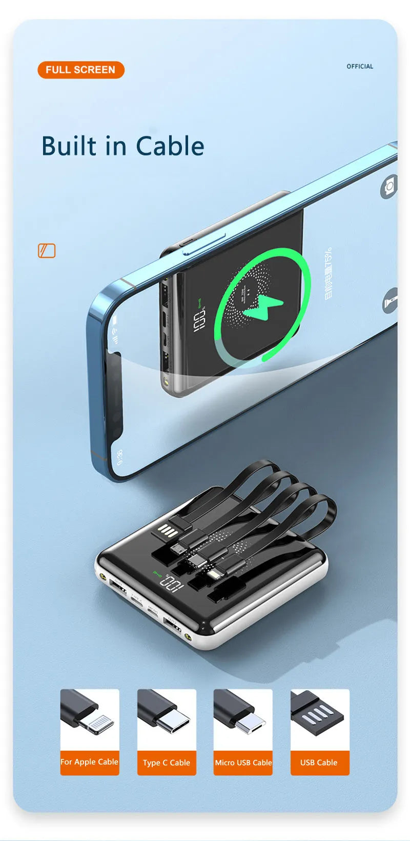 20000mAh portable power bank with LCD display showing battery percentage, available in black, green, and red colours