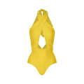 Women's solid colour halter one-piece swimsuit with matching wrap skirt set on a mannequin.