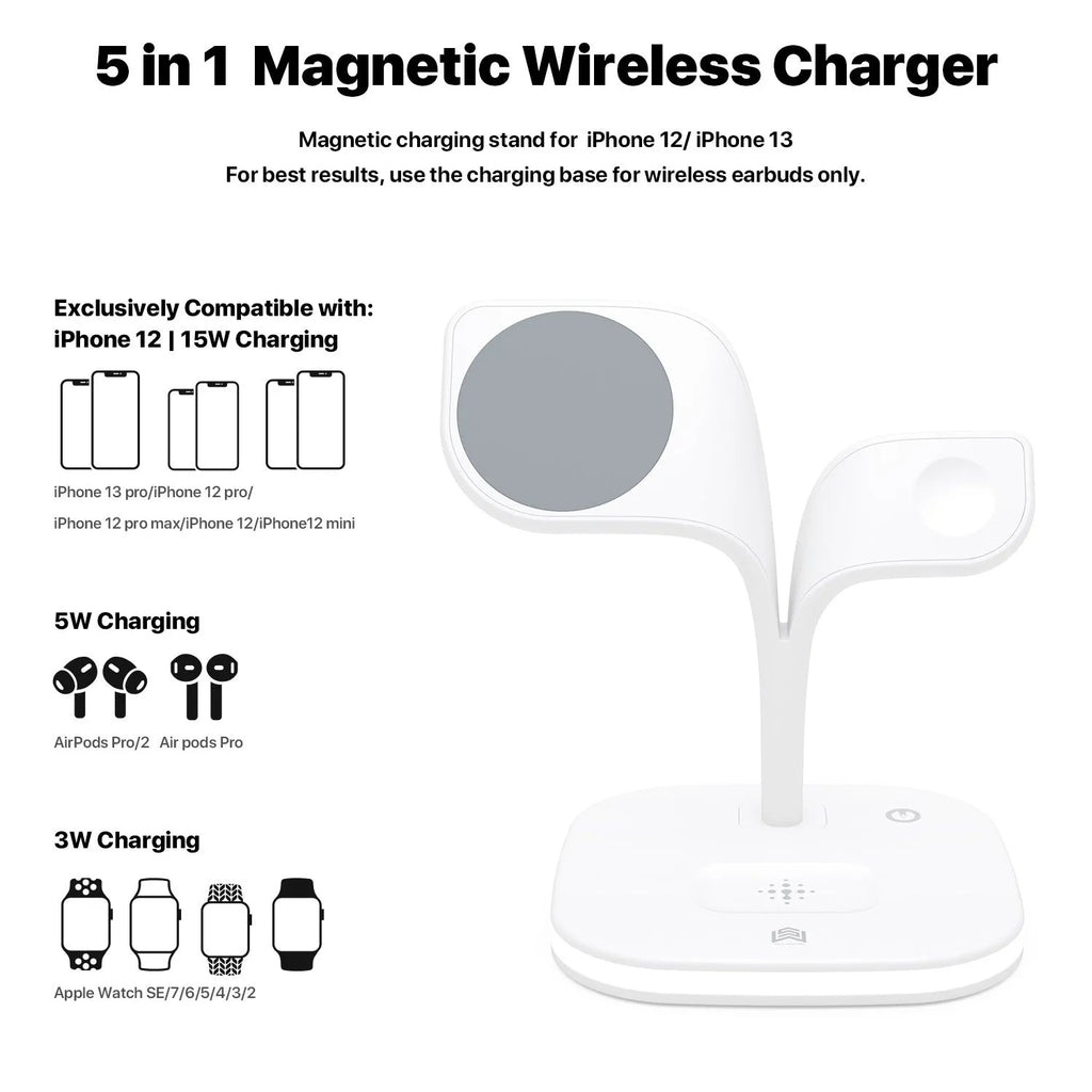 Black or white desktop wireless charging stand holding a phone, with outputs for headphones and a watch.