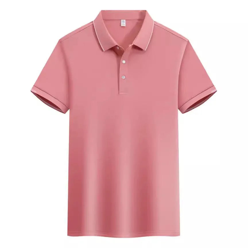 Men's apricot cotton blend loose polo shirt with a short sleeve and contrasting colour on the collar and lapel.
