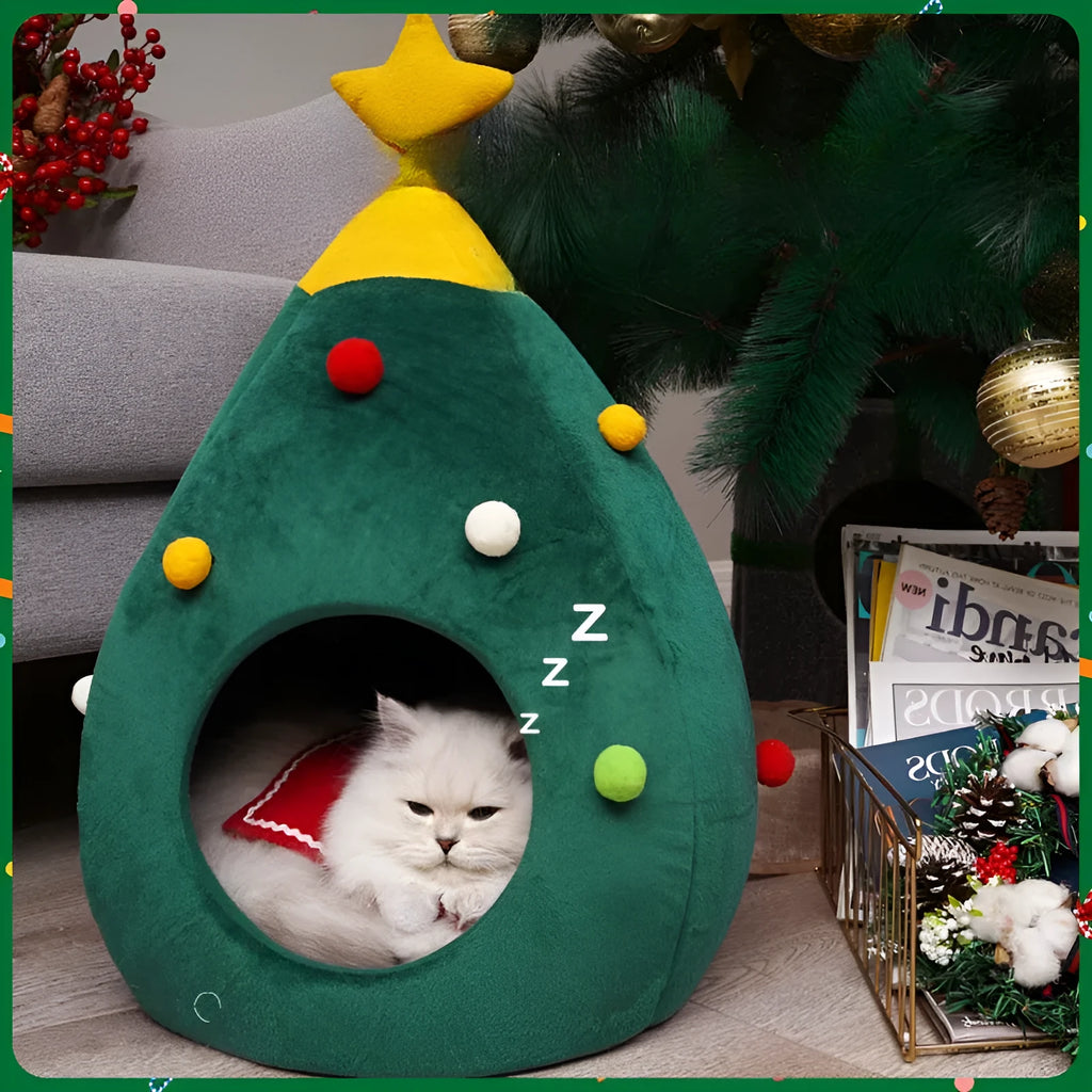 Christmas tree-shaped plush cave pet bed for cats and dogs with detachable cover in three available sizes