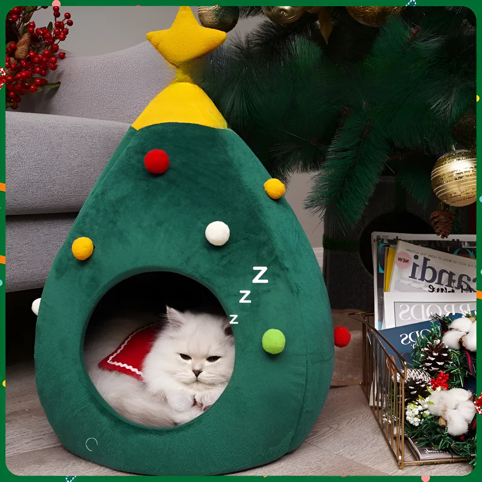 Christmas tree-shaped plush cave pet bed for cats and dogs with detachable cover in three available sizes