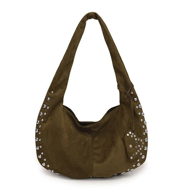 Soft plush retro style women's tote handbag held underarm in black, red, brown, green, and coffee colour options.