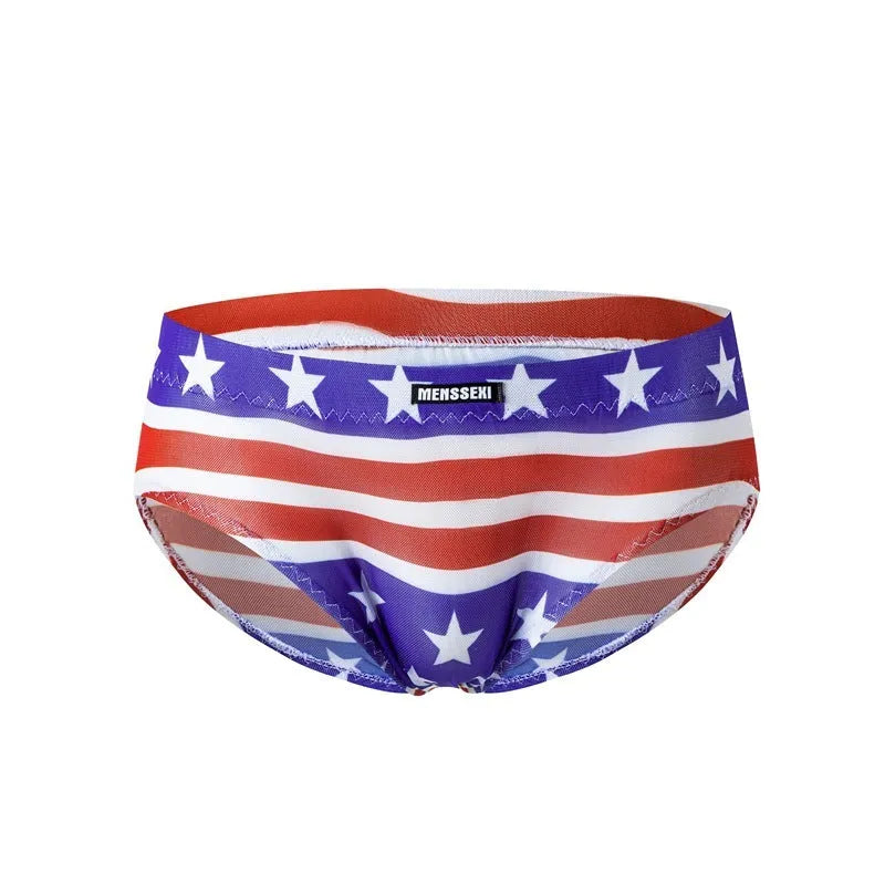 Men's printed low-waist briefs in lightweight polyester fabric showing multiple colour and pattern options