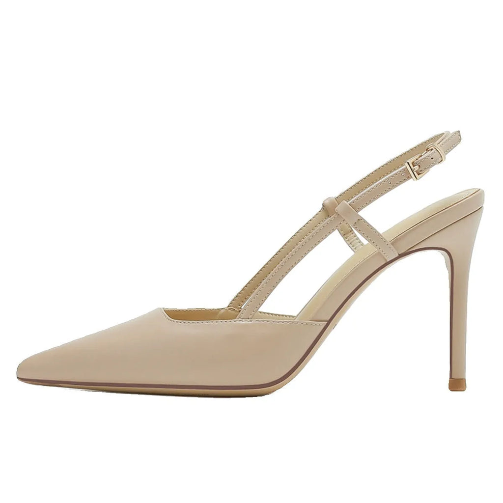 Apricot women's high-heeled sandals with a single thin strap and buckle fastening, shown on a foot.