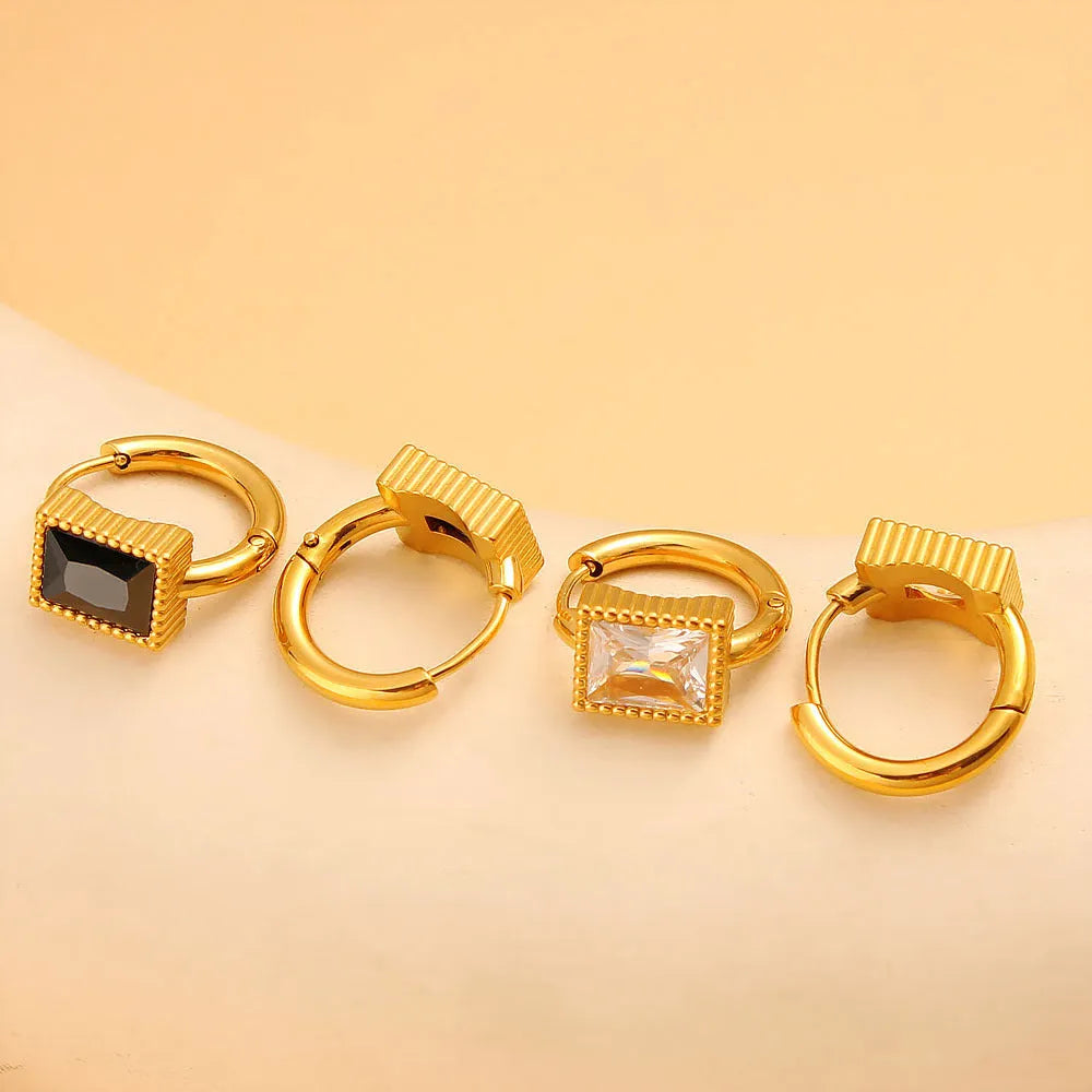 Square geometric stainless steel earrings with round zircon accents in white, black, or green electroplated finish