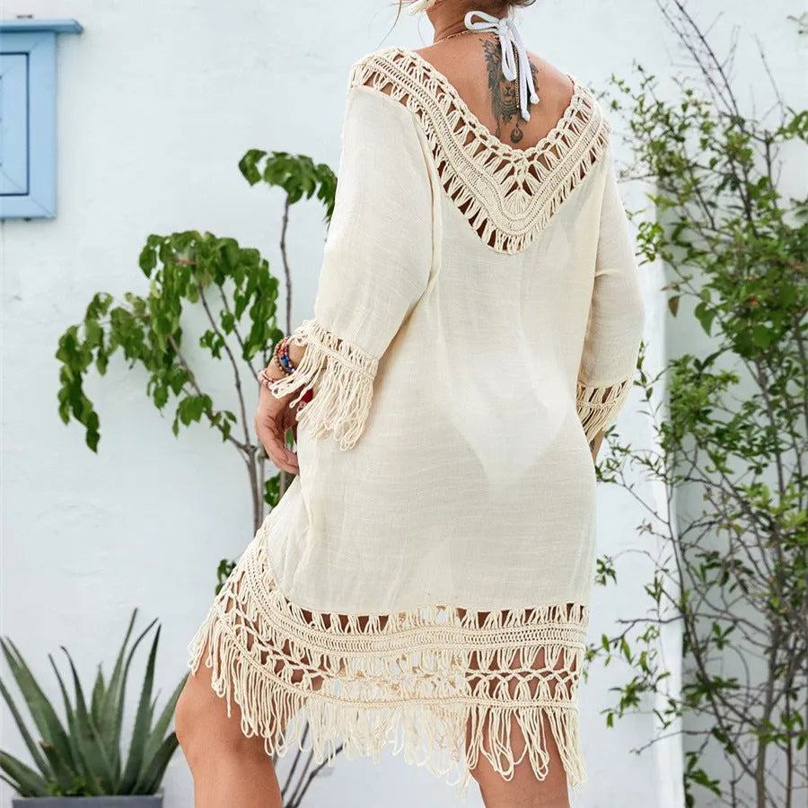 Women's apricot crocheted patchwork beach dress with mid-length skirt and half sleeves, free-size fit