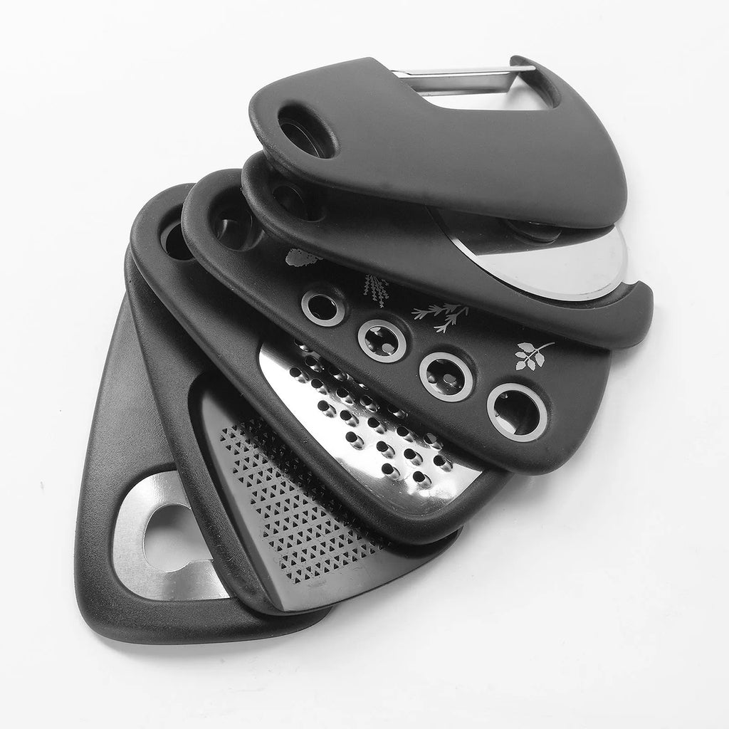 Six stackable kitchen tools with PP handles and stainless steel ends, plus cleaning brush, in colour box