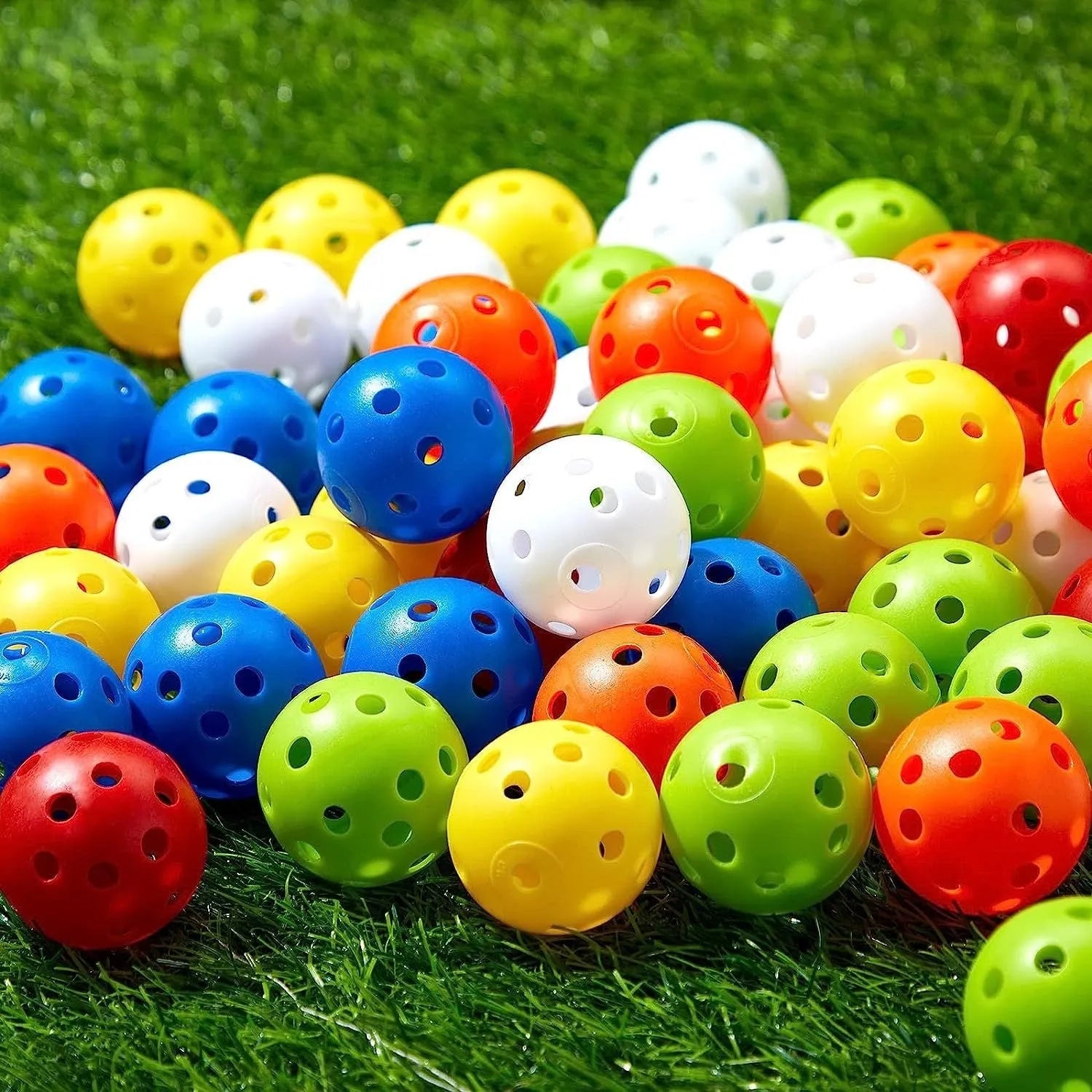 Six-colour golf practice balls in net pocket, each measuring 42mm diameter