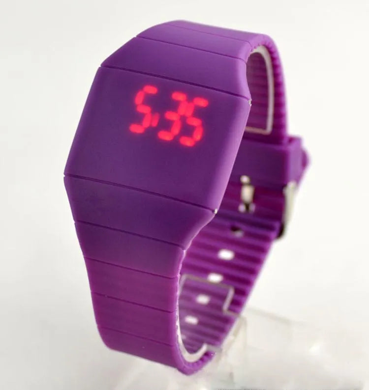 Square electronic watch with touch screen, 40.5mm plastic case, PU strap, and calendar display in multiple colours