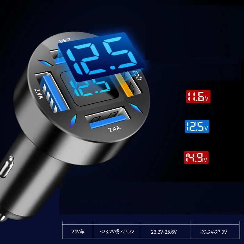 Four-port USB car charger with LED digital display showing voltage indicators, compact design for vehicle cigarette lighter sockets