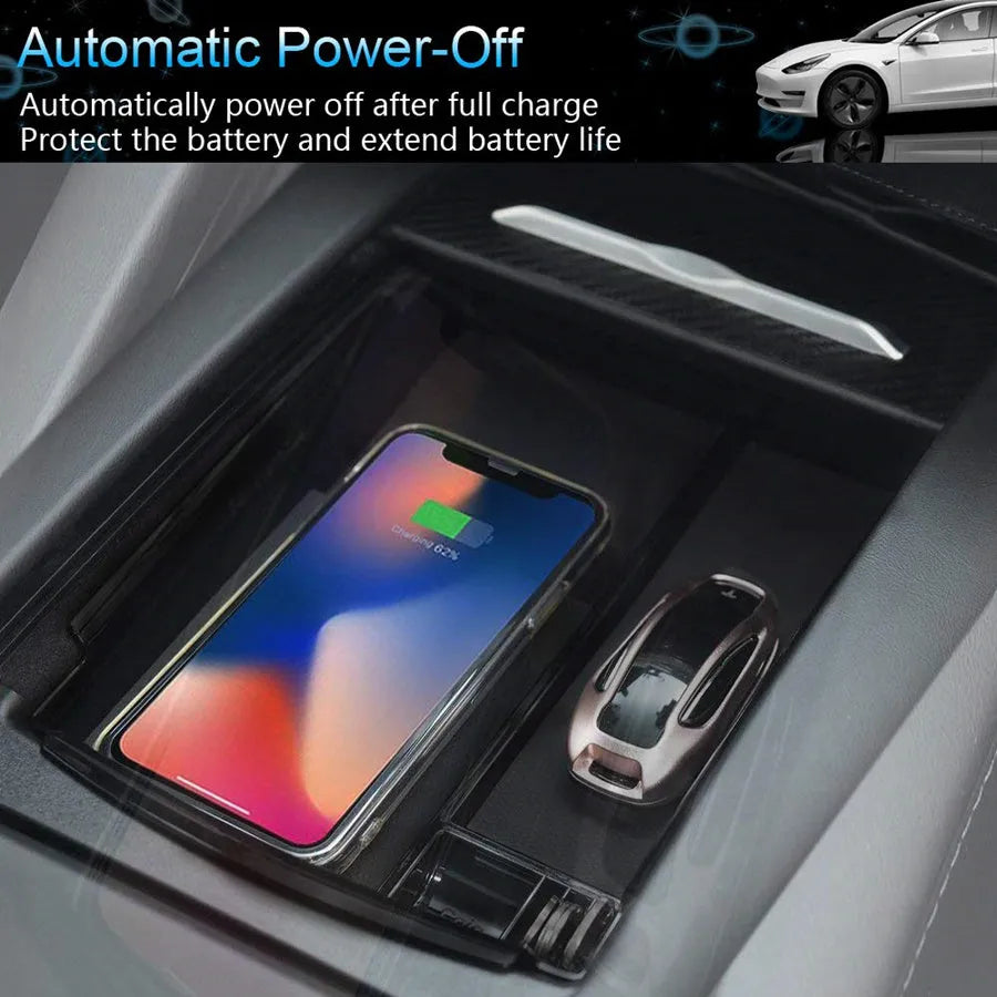 Black wireless charging storage box with QI standard compatibility and cable storage compartment