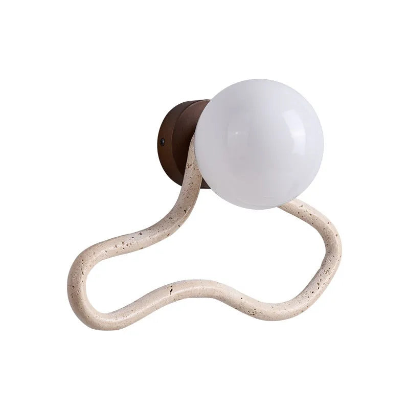 Middle Ancient style wall lamp with white travertine glass shade and solid wood base.