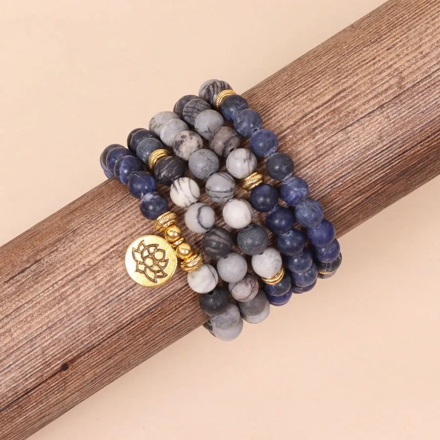 Multi layer bracelet with blue patterned network stone beads in fresh and sweet natural style
